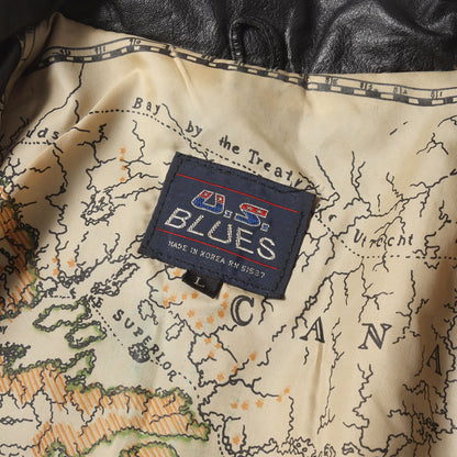 90s 裏地マップ柄 カウレザー フルジップ ジャケット U.S.BLUES