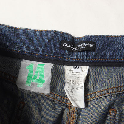 14CLASSIC ロゴプレート付き ヴィンテージ加工 ストレート デニムパンツ