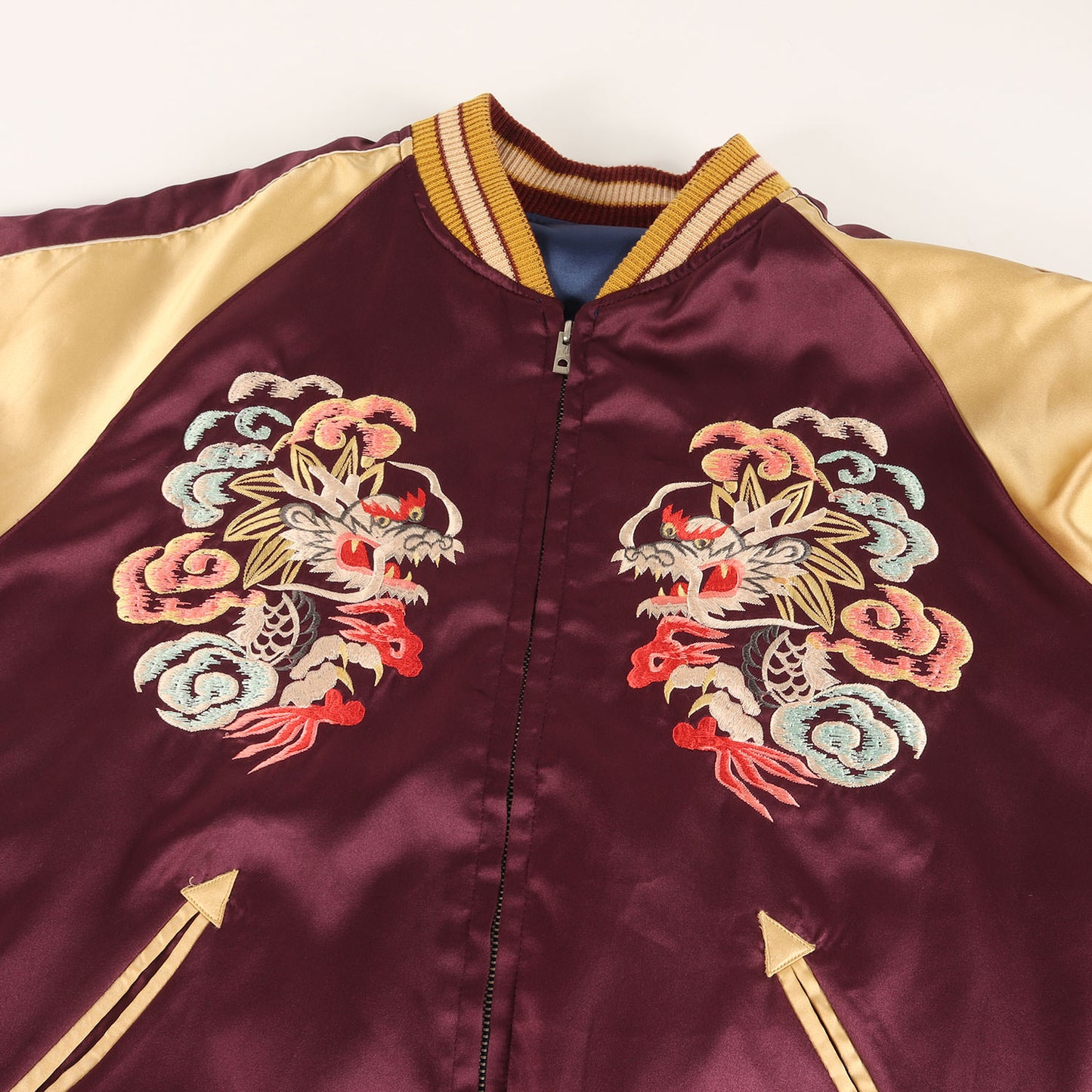 [希少 M品番] 90s 空母レキシントン × 龍 リバーシブル 総刺繍 サテン スカジャン