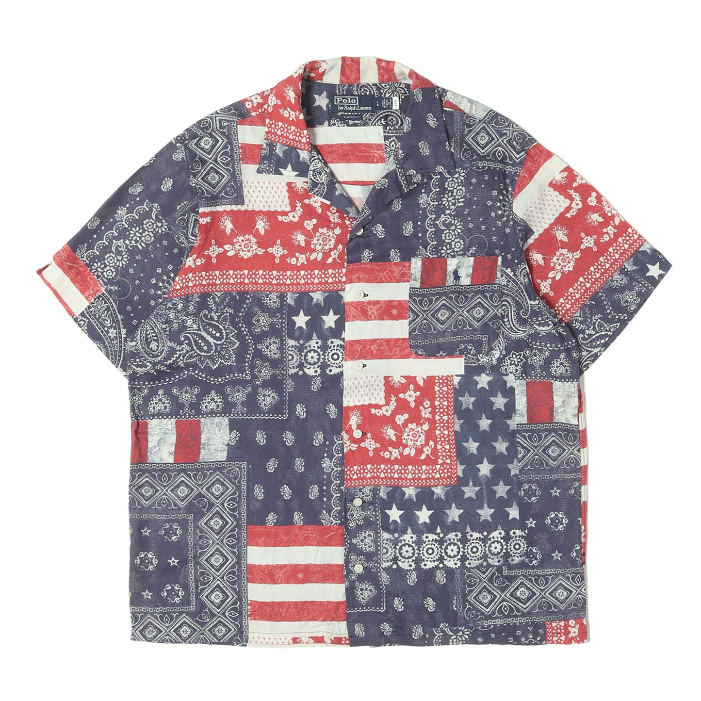 [現行モデル] 星条旗 バンダナ パッチワーク オープンカラー レーヨン 半袖シャツ (Patchwork Print Camp Shirt)