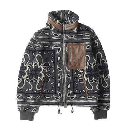 21AW ラムレザー 切替 ペイズリー ボアフリース ダブルジップ ブルゾン (Printed Bandana Polar Fleece Jacket)