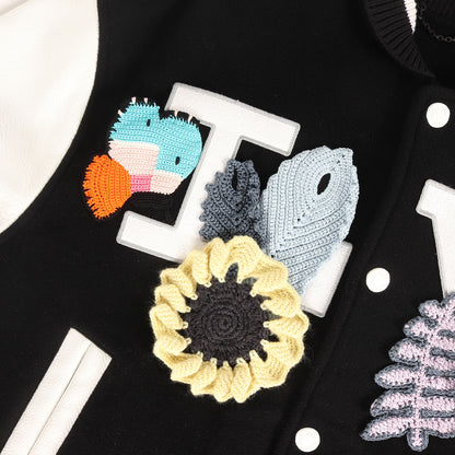 20SS レザースリーブ クロシェフラワー メルトン バーシティ ジャケット (HIL64EJNU)