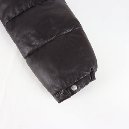 00s 茶タグ 取り外し可能フード ハイネック ラムレザー ダウンジャケット (BAZILLE)