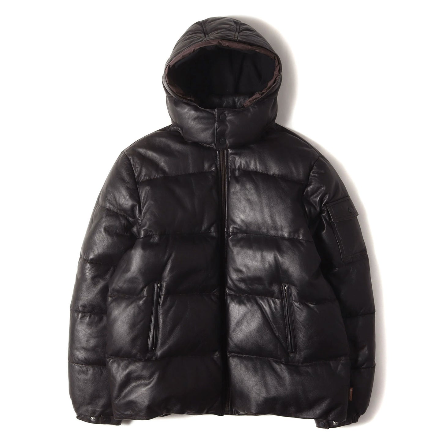 00s 茶タグ 取り外し可能フード ハイネック ラムレザー ダウンジャケット (BAZILLE)