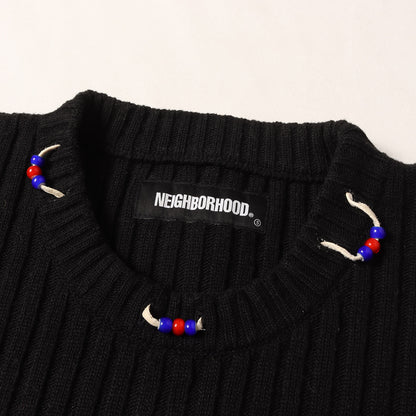 20AW 革紐ビーズ付き クルーネック リブ編み ニット (RIB/EA-KNIT.LS)