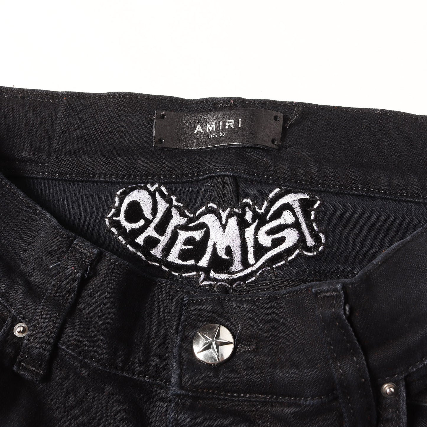 ×CHEMIST ダメージウォッシュ加工 スターレザーパッチ ストレッチ スキニーデニム パンツ (CHEMIST STAR JEAN)