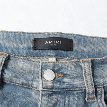 レザーパッチ付き ダメージウォッシュ加工 ストレッチ スリム デニムパンツ