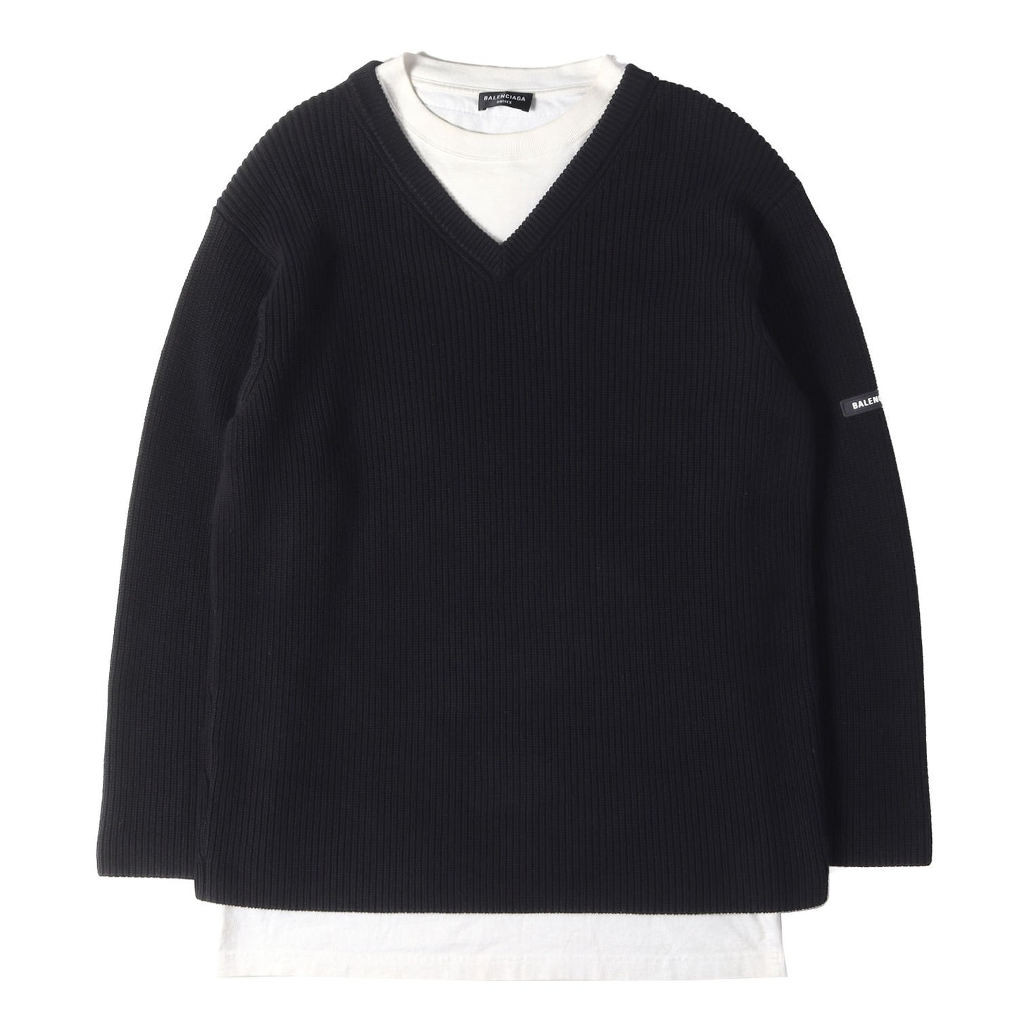 ラバーパッチ付き Tシャツ レイヤード Vネック コットン リブ ニット (Layered V-neck Sweater)