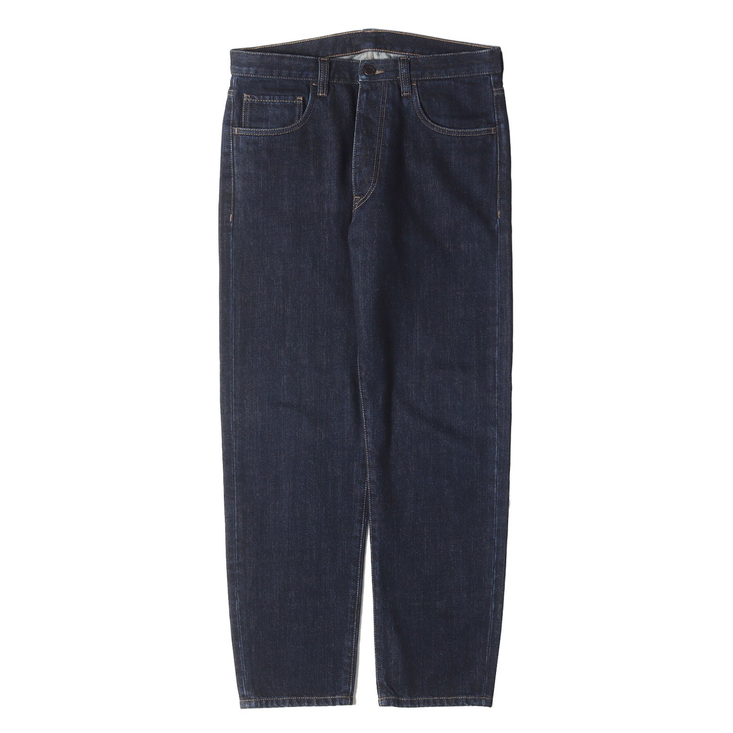 トライアングルロゴプレート付き 5ポケット テーパード リジッド デニムパンツ