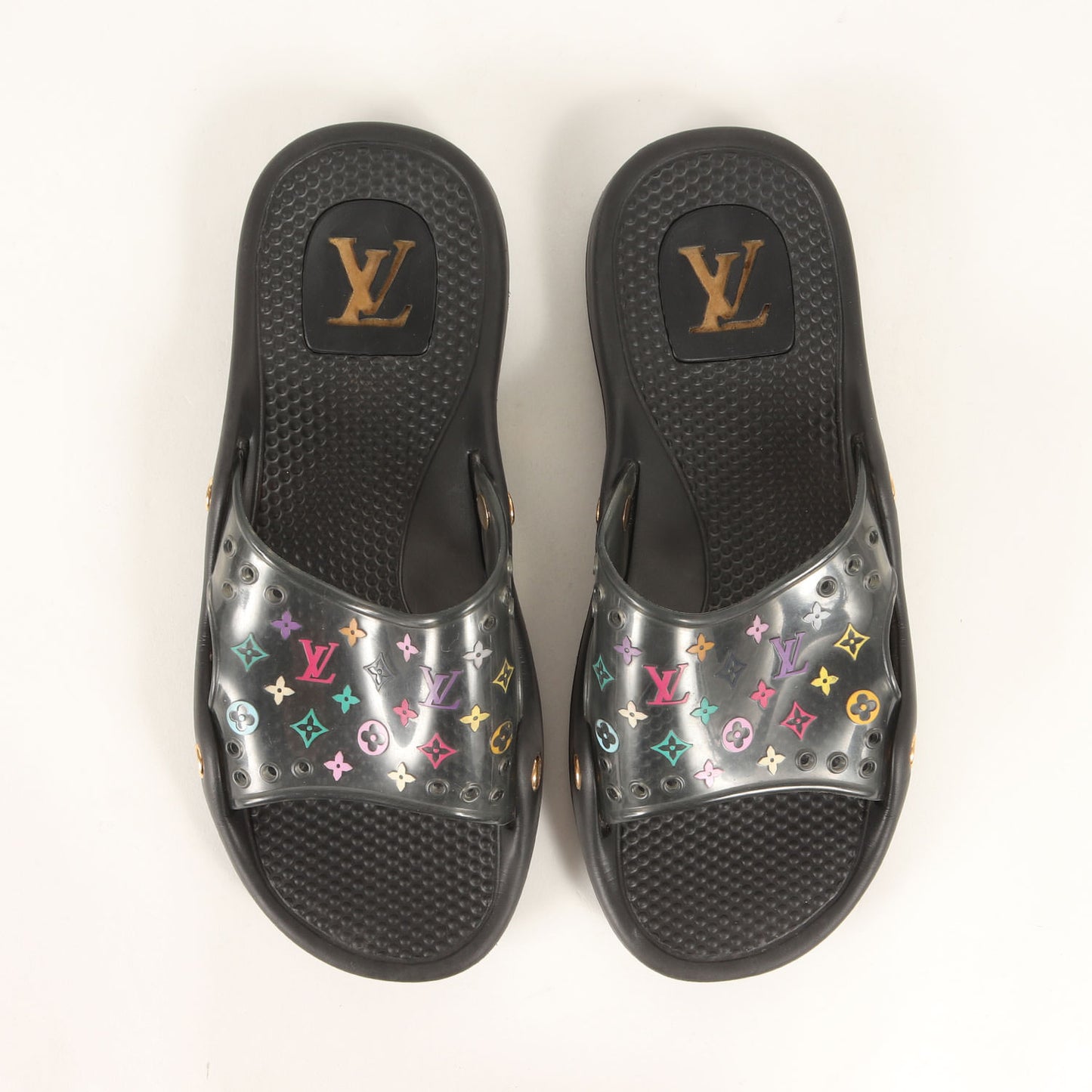 ゴールド金具 モノグラム マルチカラー ラバー ビーチサンダル