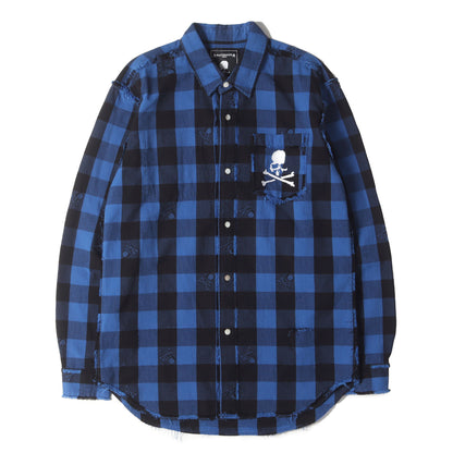 ダメージ加工 スカル刺繍 バッファローチェック リバーシブル コットン シャツ(MW18P02-SH010-006)