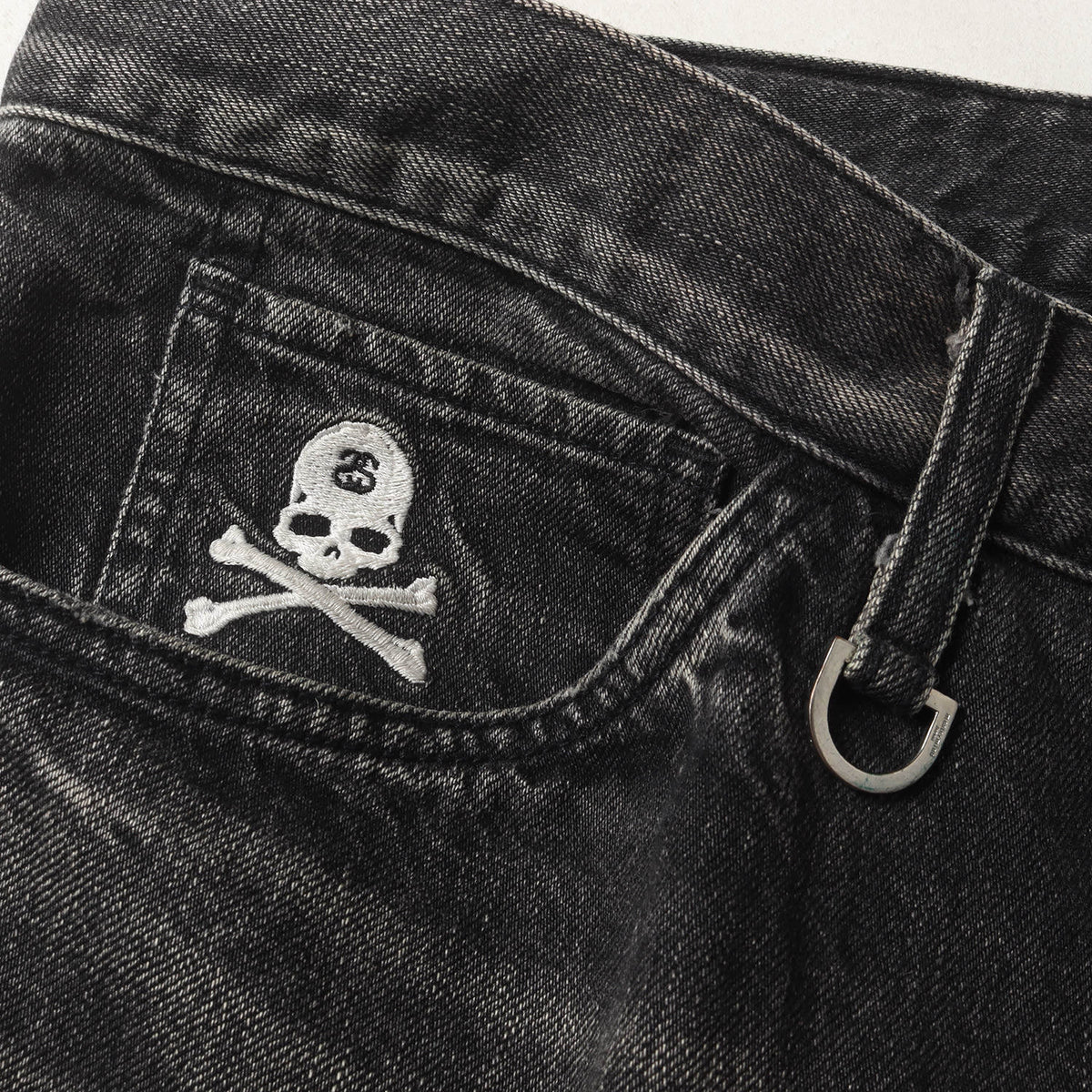 ×mastermind JAPAN ヴィンテージ加工 SSリンク スカルロゴ刺繡 ブラック スリム デニムパンツ