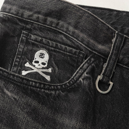 ×mastermind JAPAN ヴィンテージ加工 SSリンク スカルロゴ刺繡 ブラック スリム デニムパンツ