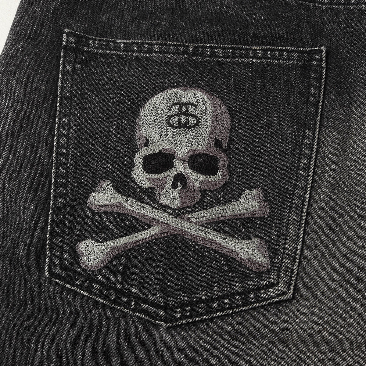 ×mastermind JAPAN ヴィンテージ加工 SSリンク スカルロゴ刺繡 ブラック スリム デニムパンツ