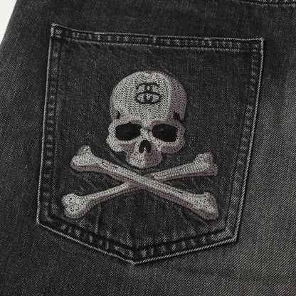 ×mastermind JAPAN ヴィンテージ加工 SSリンク スカルロゴ刺繡 ブラック スリム デニムパンツ