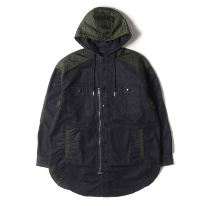 フード付き ナイロン切替 デニム ボタン オーバー シャツ ジャケット (D-SIMILAR-NE JACKET)