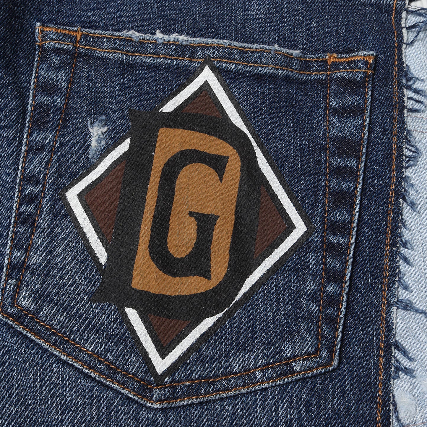 再構築 セラミックタイルパターン ワイド ストレッチ ダメージ デニムパンツ