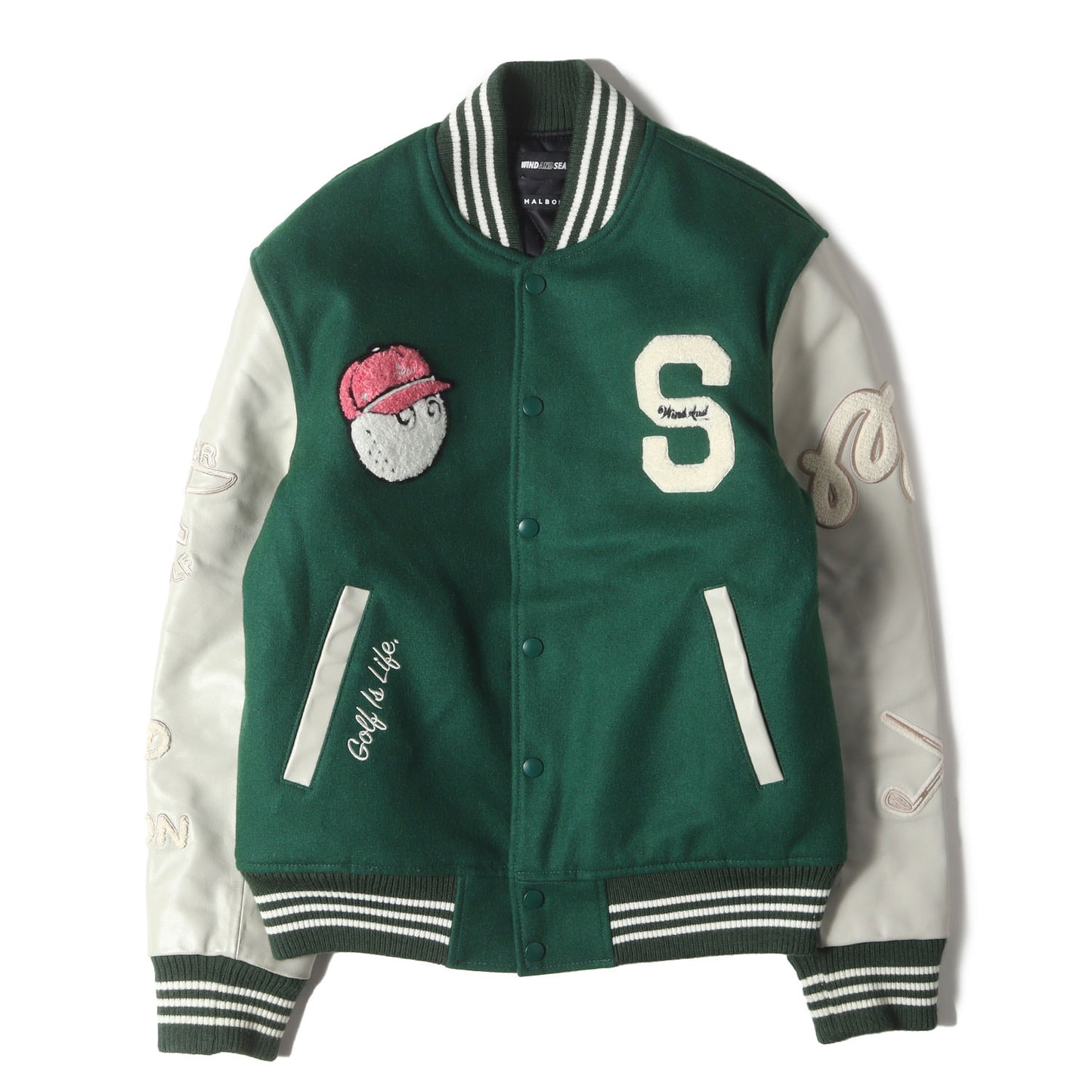 [Malbon Golf別注] フルデコ 袖レザー メルトンウール スタジャン (VARSITY JACKET GREEN)