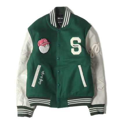 [Malbon Golf別注] フルデコ 袖レザー メルトンウール スタジャン (VARSITY JACKET GREEN)
