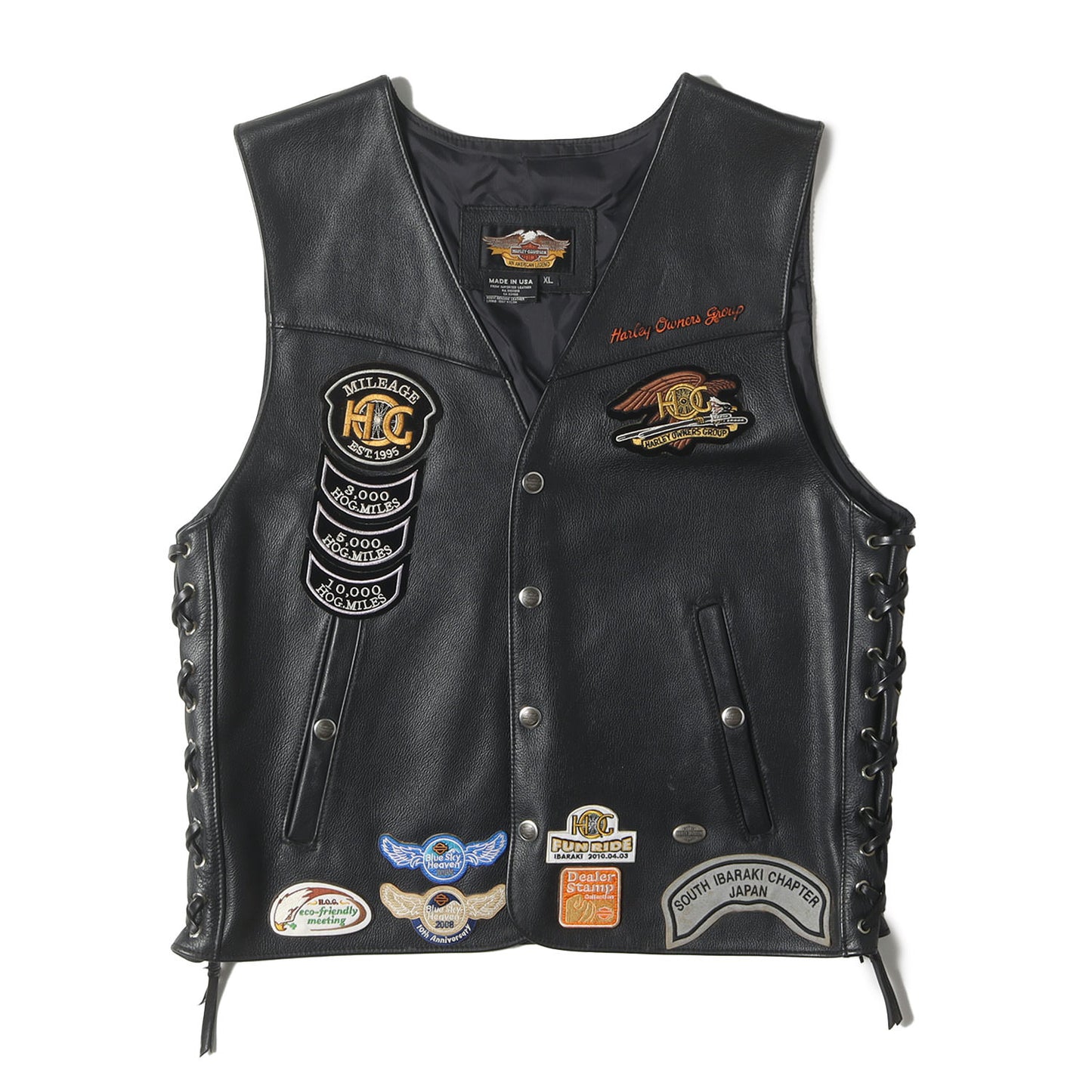 00s ワッペン カスタム サイド編上げ レザー ボタン ベスト / USA製 HARLEY OWNERS GROUP(HOG)