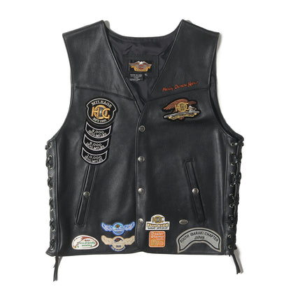 00s ワッペン カスタム サイド編上げ レザー ボタン ベスト / USA製 HARLEY OWNERS GROUP(HOG)