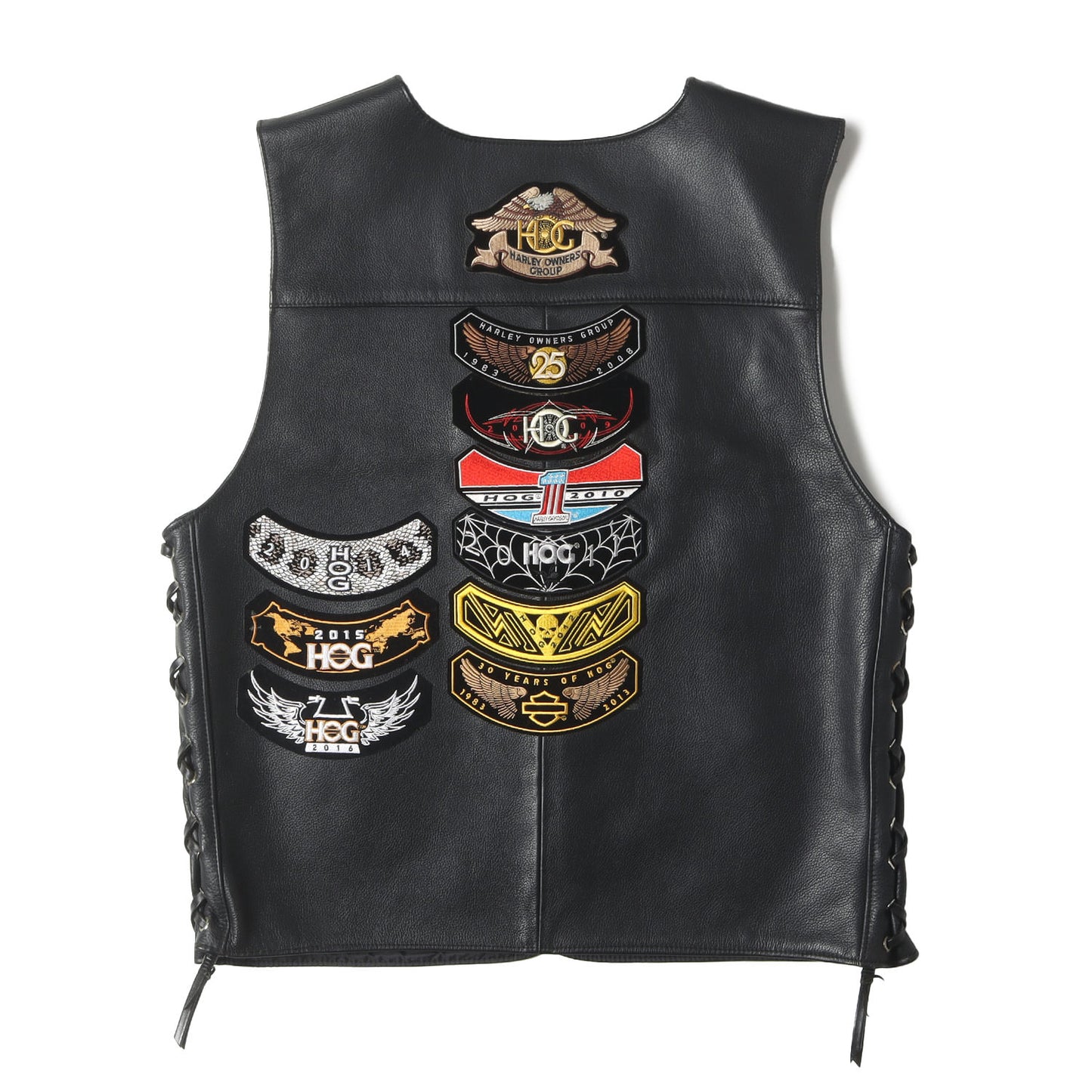 00s ワッペン カスタム サイド編上げ レザー ボタン ベスト / USA製 HARLEY OWNERS GROUP(HOG)