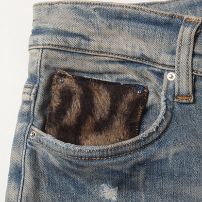 ダメージウォッシュ加工 マルチパッチ スリムテーパード ストレッチ デニムパンツ