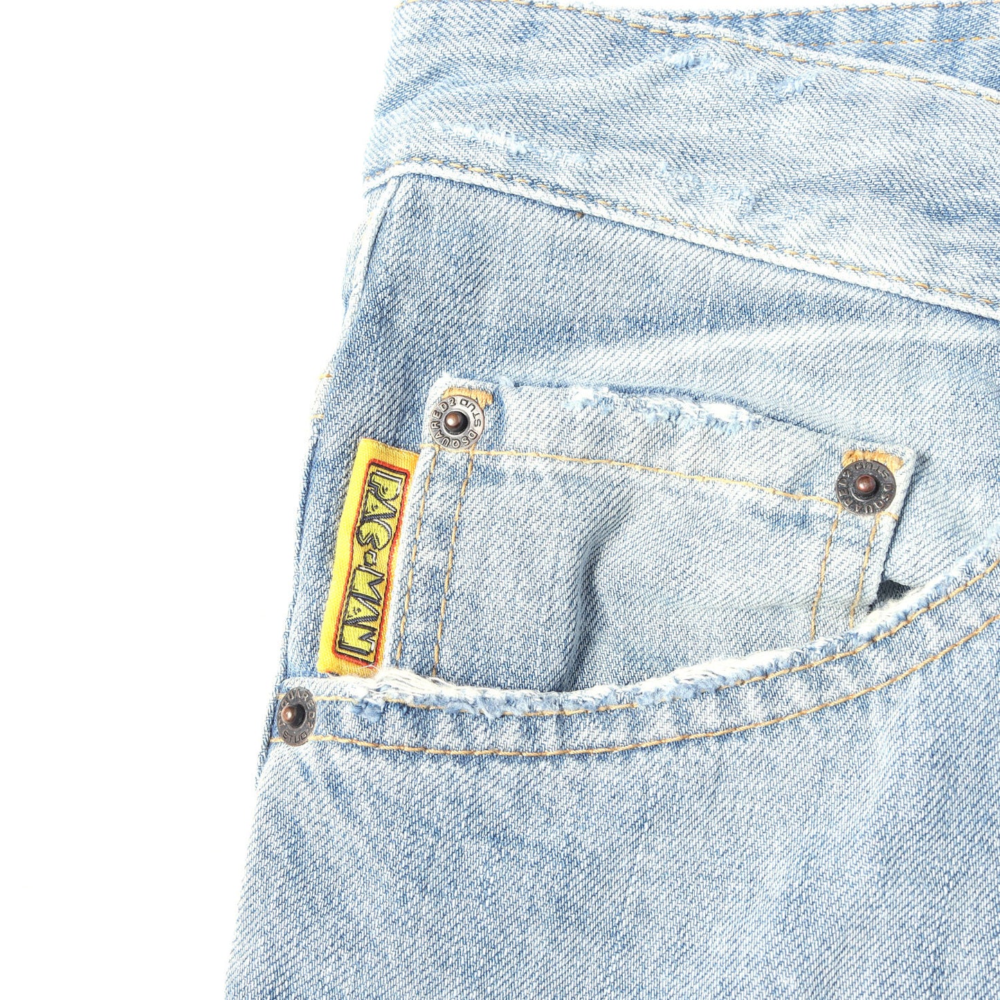 [近年モデル] ×PAC-MAN パックマンワッペン付き クラッシュ加工 スケーター デニムパンツ (Pac-Man Skater Jean)