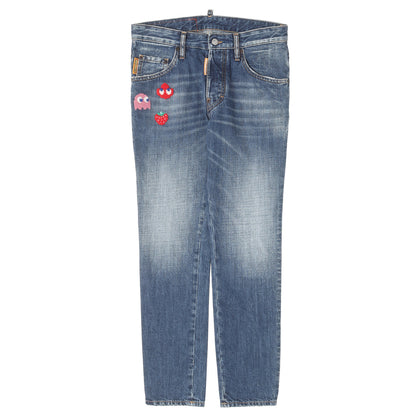 23AW ×PAC-MAN ワッペン ヴィンテージ加工 スリム デニムパンツ(Skater Jean)