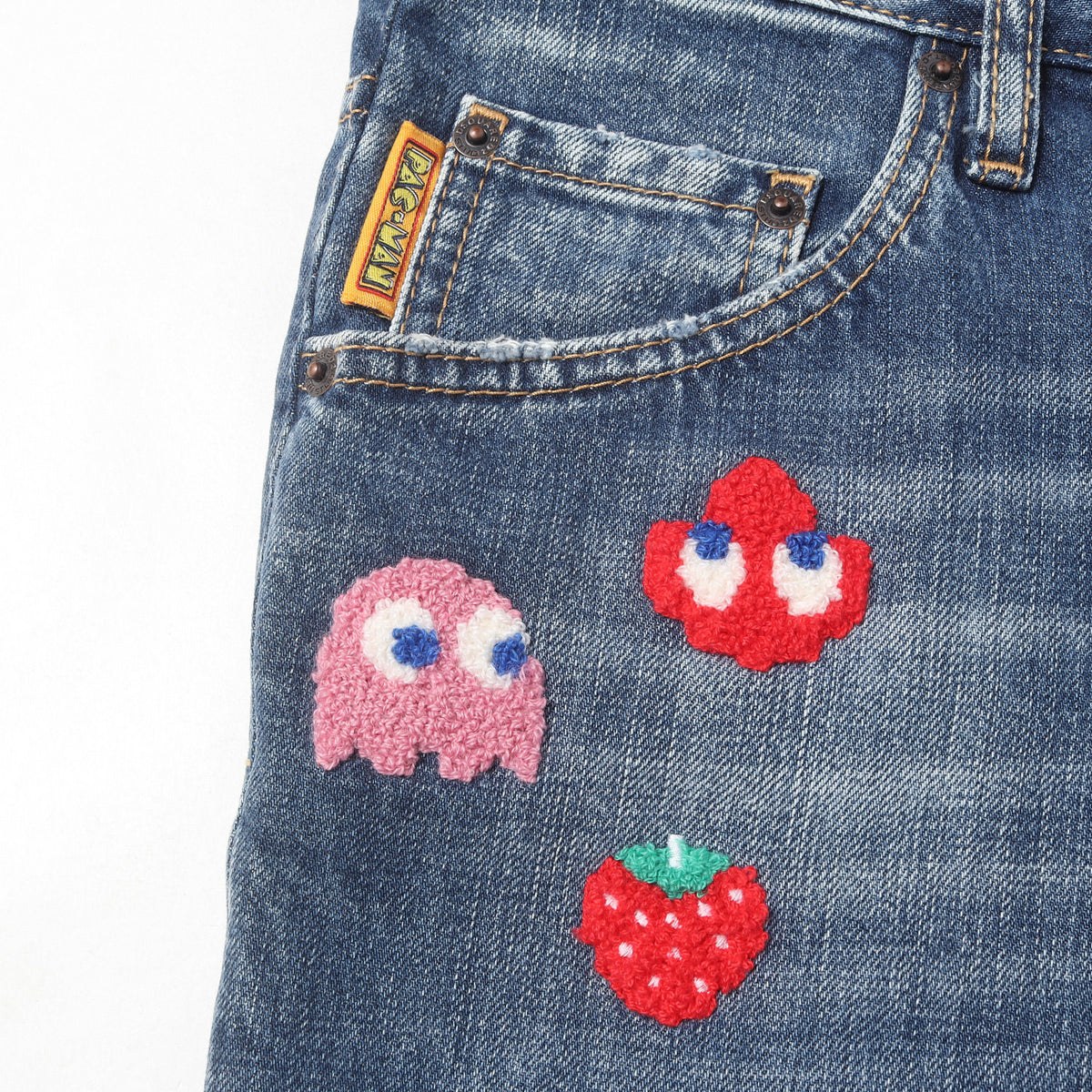 23AW ×PAC-MAN ワッペン ヴィンテージ加工 スリム デニムパンツ(Skater Jean)