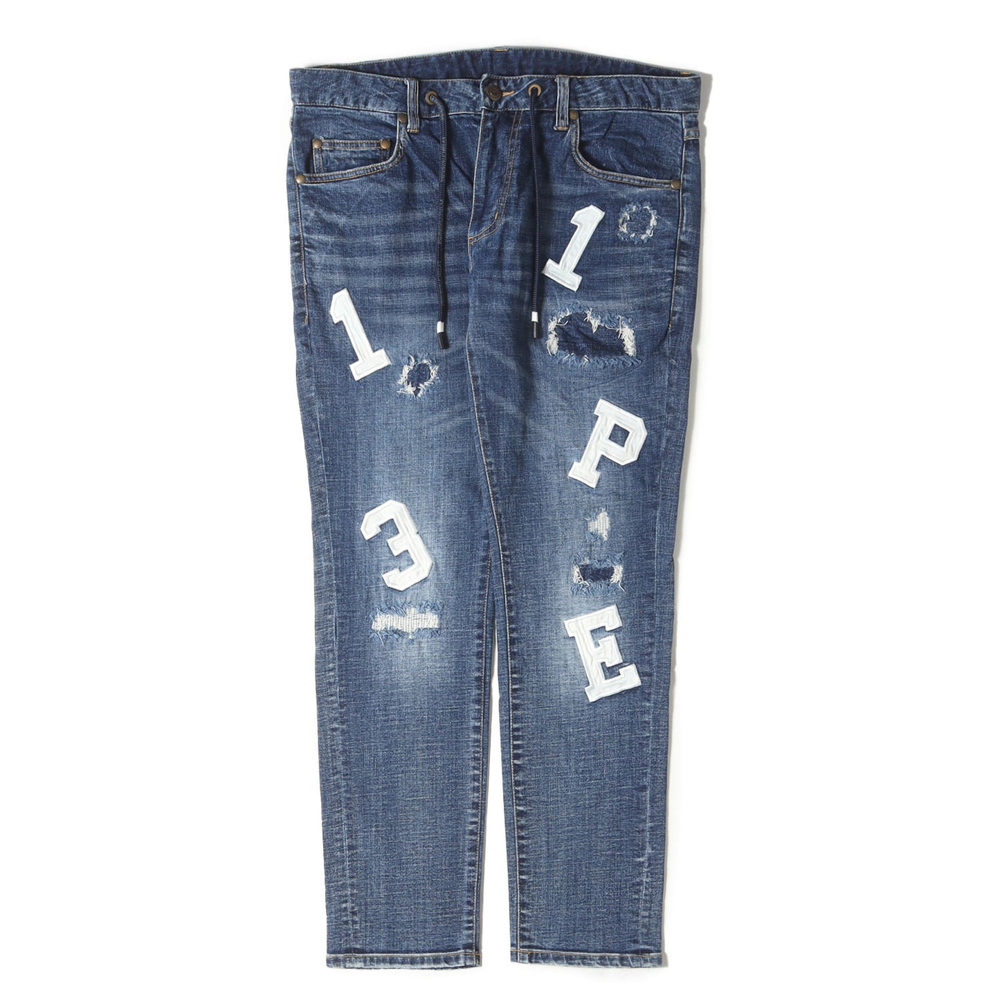 1PIU1UGUALE3 RELAX ロゴアップリケ ストレッチ スリム デニムパンツ
