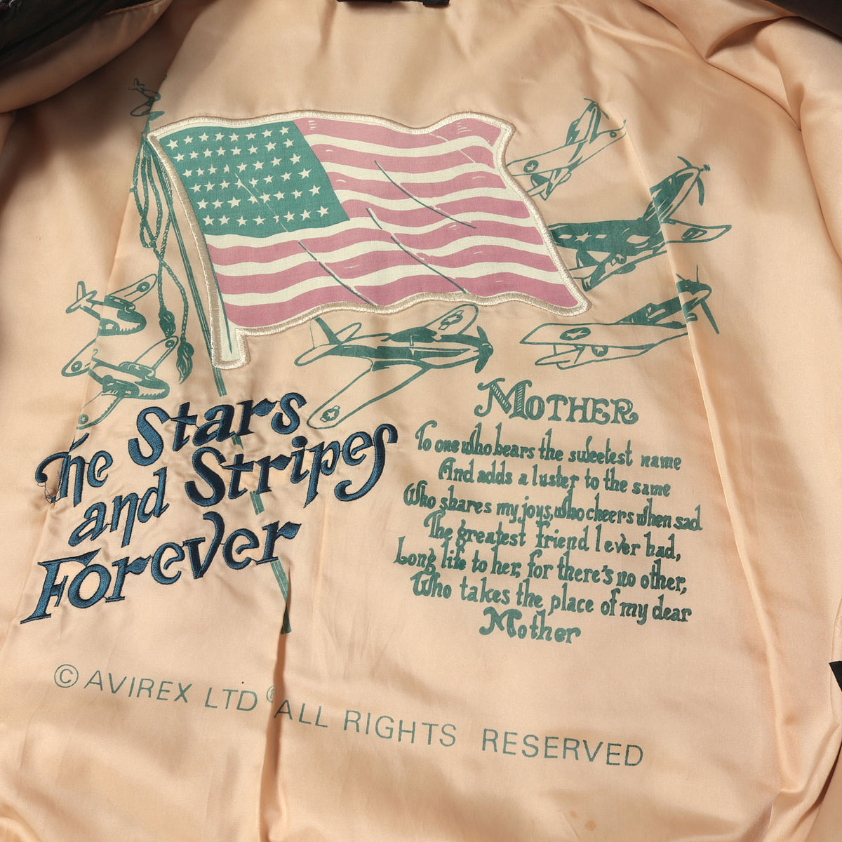 [希少モデル] 90s 裏地グラフィック A-2 シープスキンレザー フライトジャケット (The Stars and Stripes Forever)