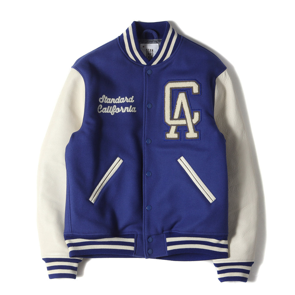 21AW ロゴ チェーン刺繍 ワッペン カウレザースリーブ メルトン スタジャン (SD VARSITY JACKET) / バーシティ ジャケット ブルゾン アウター 羽織 定番 ベーシック アメカジ