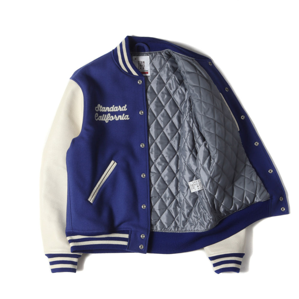 21AW ロゴ チェーン刺繍 ワッペン カウレザースリーブ メルトン スタジャン (SD VARSITY JACKET) / バーシティ ジャケット ブルゾン アウター 羽織 定番 ベーシック アメカジ
