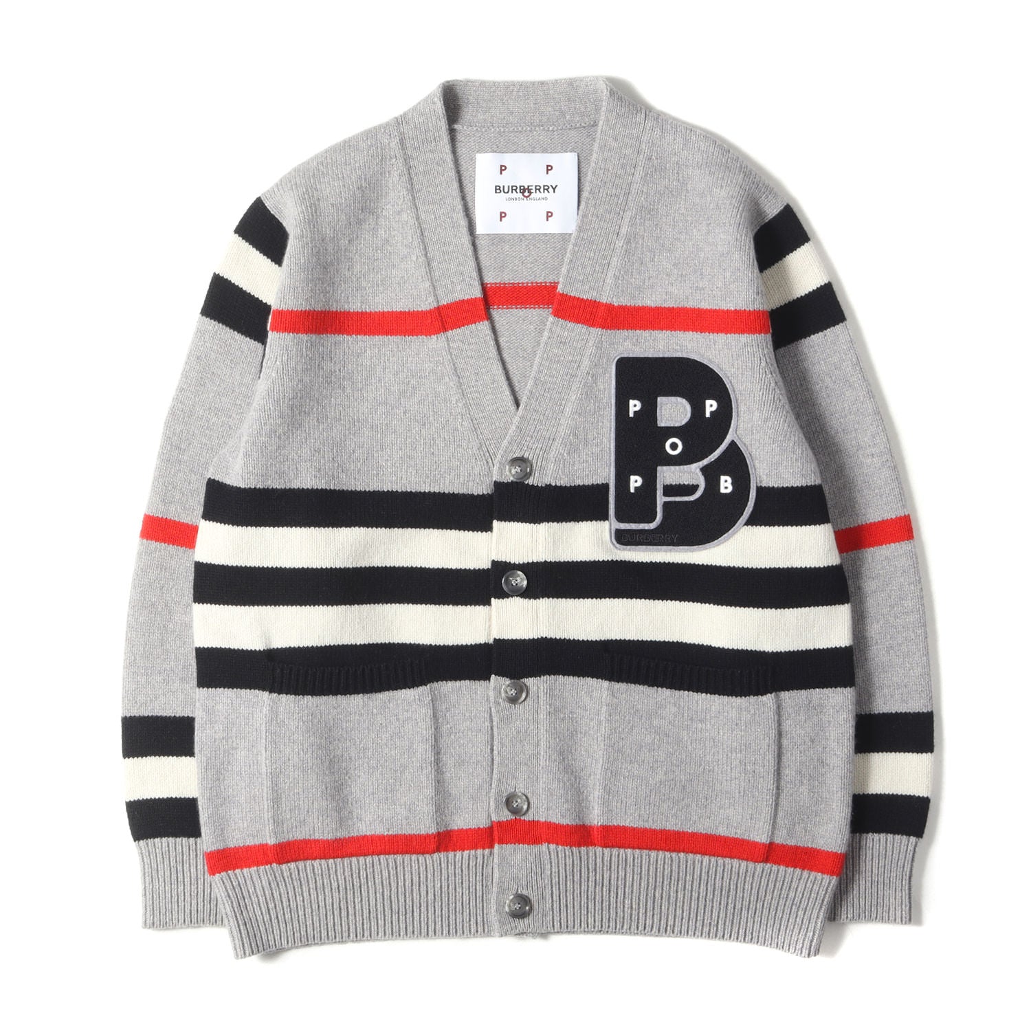 22AW × POP TRADING COMPANY ワッペン 刺繍 ボーダー カシミヤ混ウール ニット Vネック カーディガン (Oakford  Stripe Cardigan 8055477) / アウター 羽織 定番 ベーシック ブリティッシュ トラッド ラグカジ