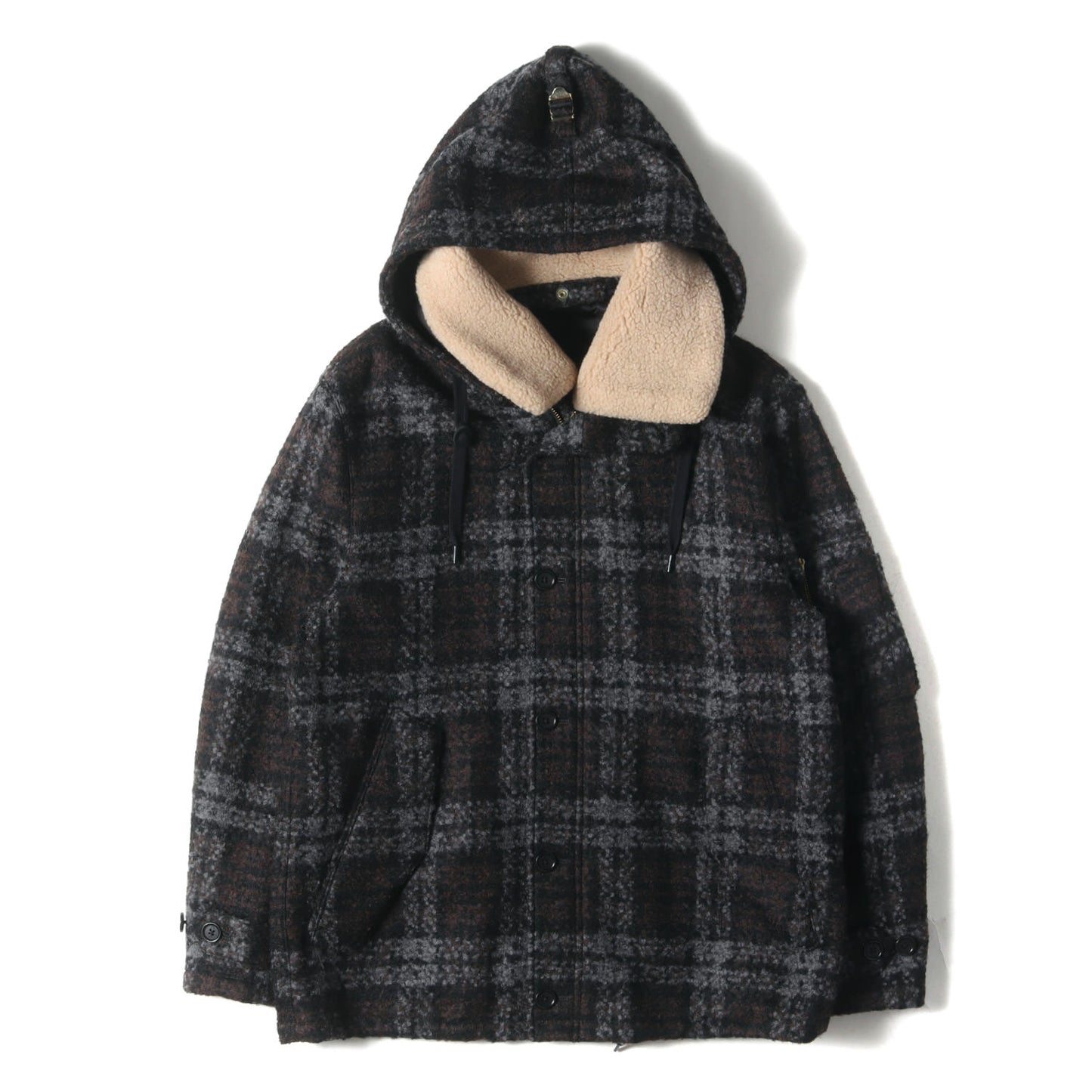 フード付き ボアカラー チェック ウール ジップ ジャケット