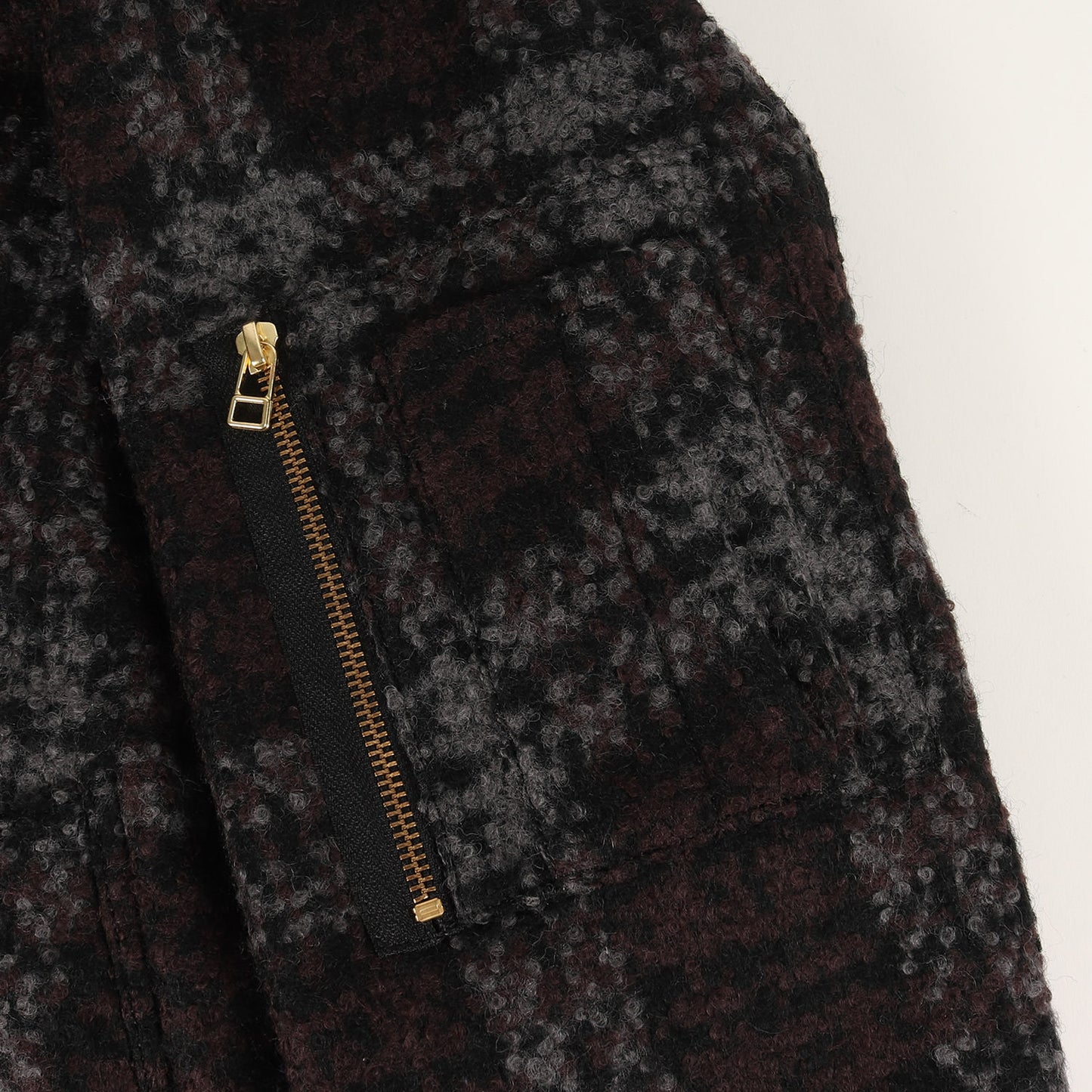 フード付き ボアカラー チェック ウール ジップ ジャケット