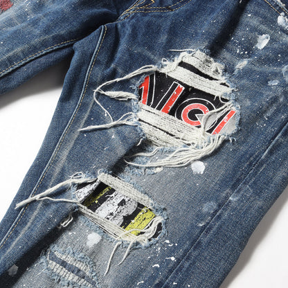 ヴィンテージ リメイク 加工 ストレッチ スキニー デニムパンツ (NEW SKINNY ROCKASTAR ) / ジーンズ リペア ペンキ メタル ロックバンド