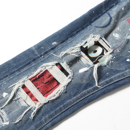 ヴィンテージ リメイク 加工 ストレッチ スキニー デニムパンツ (NEW SKINNY ROCKASTAR ) / ジーンズ リペア ペンキ メタル ロックバンド