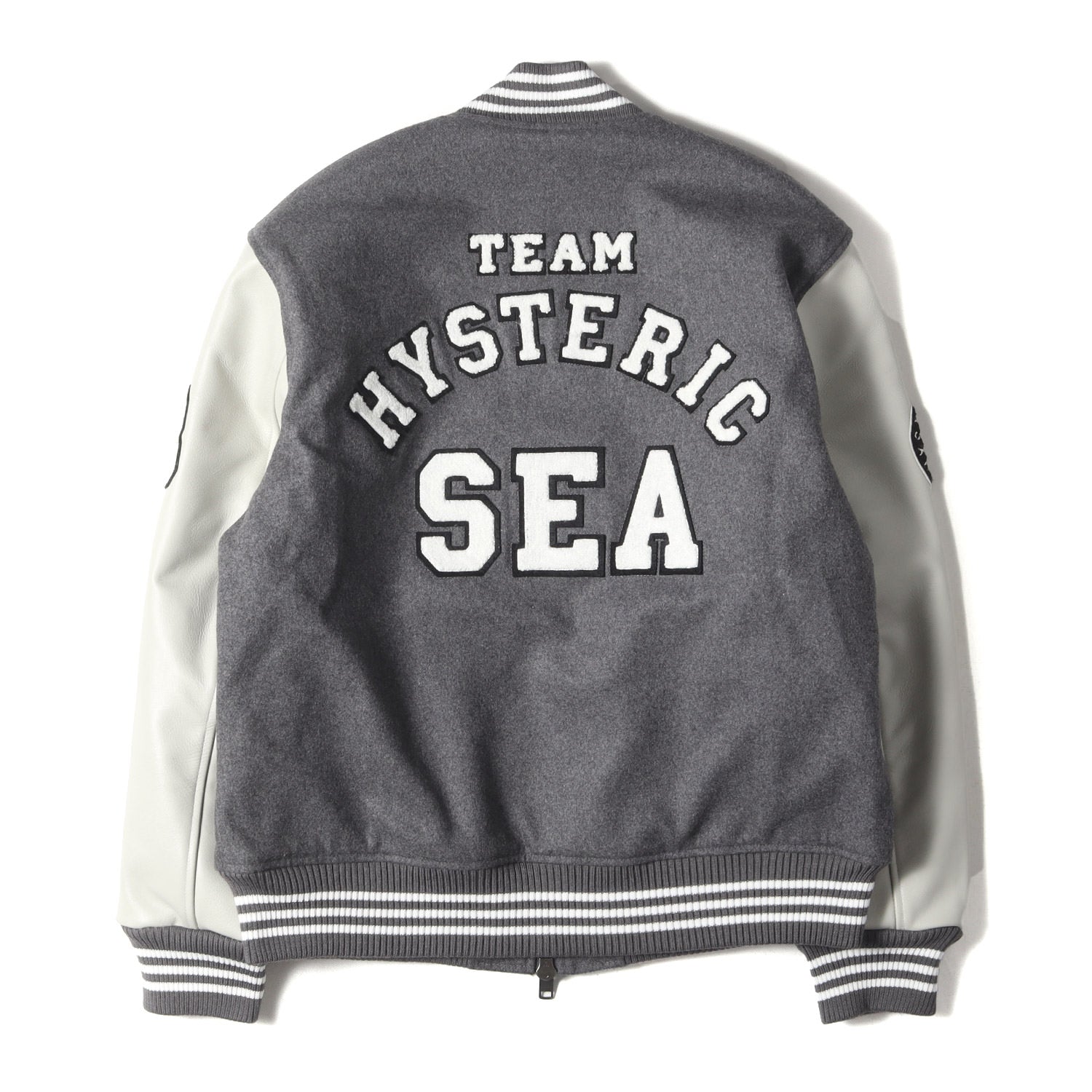 HYSTERIC GLAMOUR (ヒステリックグラマー) × WIND AND SEA メルトン レザースリーブ スタジャン (3rd  STADIUM JUMPER WDS-HYS-3-01) - ブランド古着の通販・買取 | BEEGLE by Boo-Bee