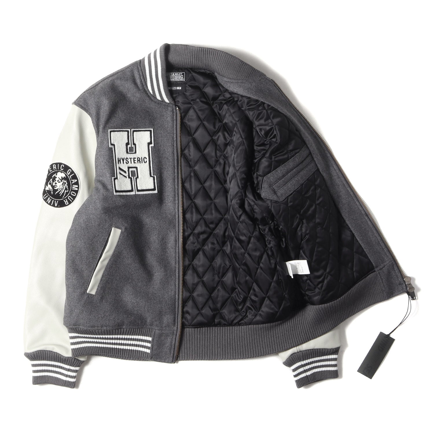 HYSTERIC GLAMOUR (ヒステリックグラマー) × WIND AND SEA メルトン レザースリーブ スタジャン (3rd  STADIUM JUMPER WDS-HYS-3-01) - ブランド古着の通販・買取 | BEEGLE by Boo-Bee