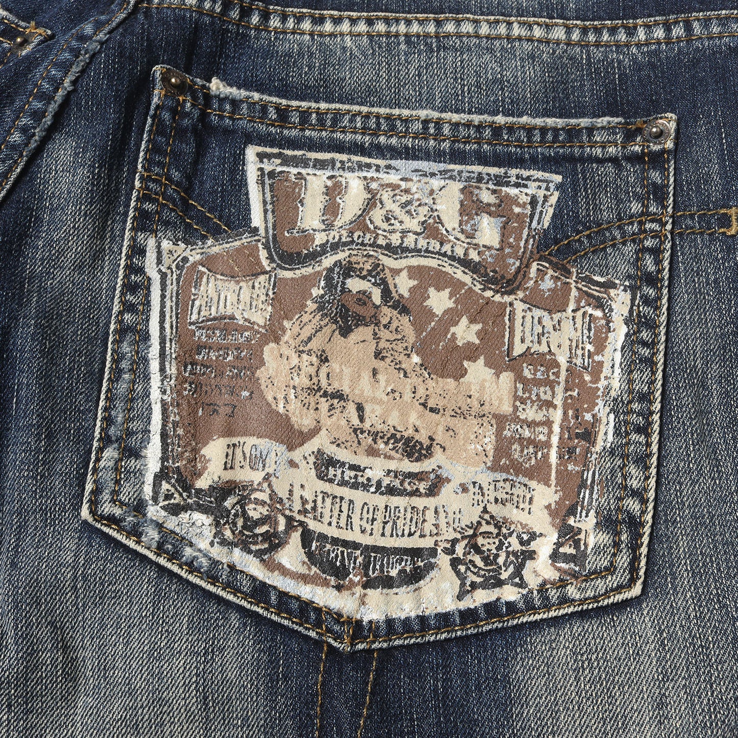 00s バック ガール プリント 切替 ローライズ デニム パンツ / ボタンフライ