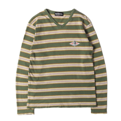 90s - 00s ワンポイント ガール ロゴ メキシカン ボーダー バインダー Vネック カットソー (2CL-7880)