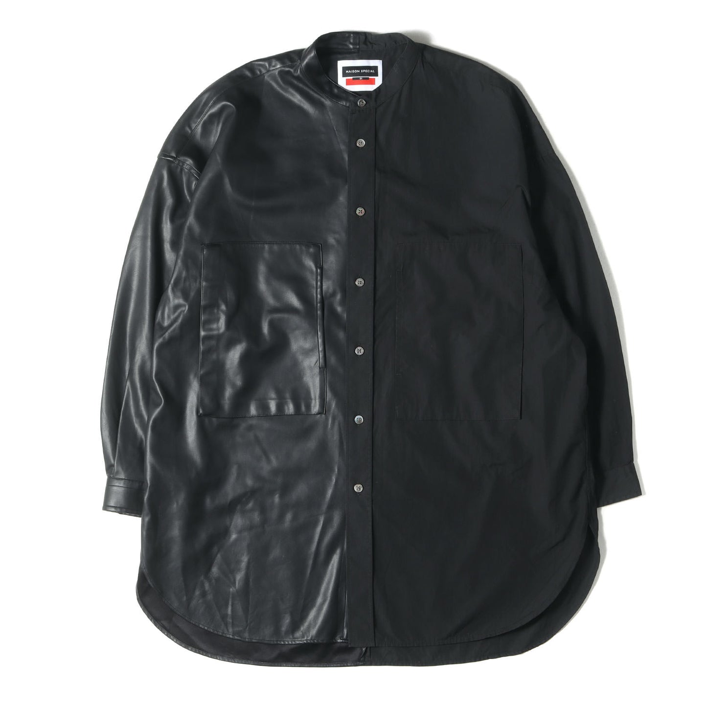 × LEGGIUNO シンセティックレザー コンビ バンドカラーシャツ
