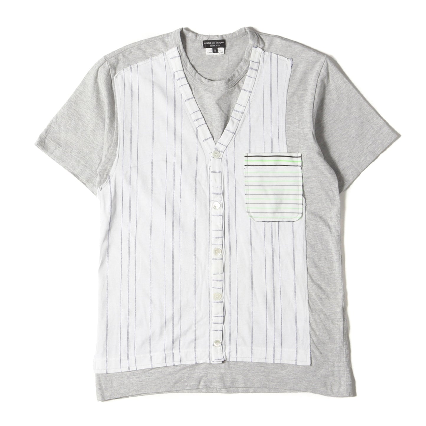 ストライプ 鹿の子 ドッキング バインダーネック Tシャツ (PE-T015)