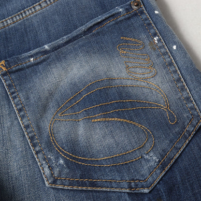ペイント ダメージ加工 スリム テーパード ストレッチ デニム パンツ (SEXY TWIST JEAN S74LA0702) / ボタンフライ