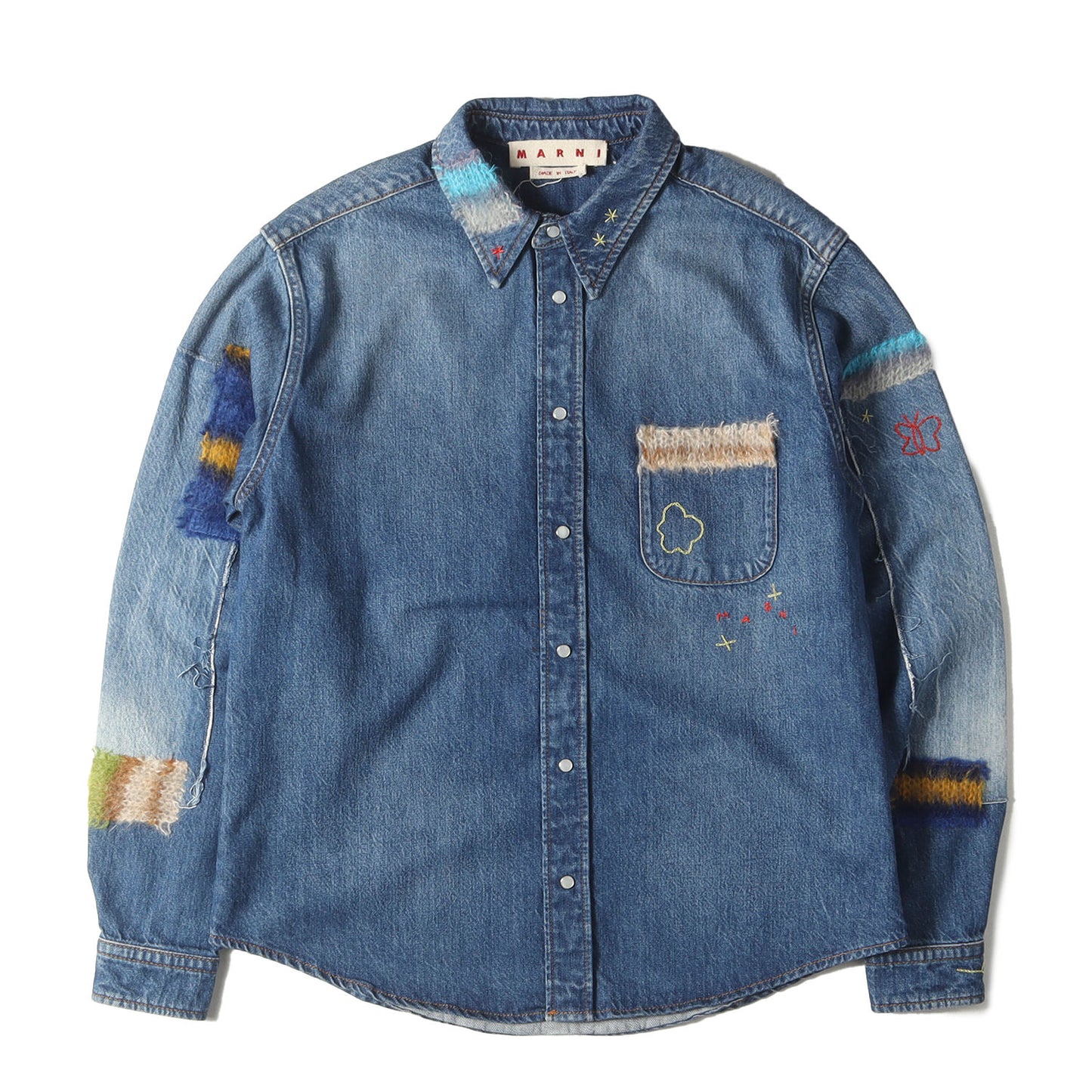 24SS モヘヤニット カスタム オーガニック デニムシャツ(Blue Organic Denim Shirt with Mohair Patches)