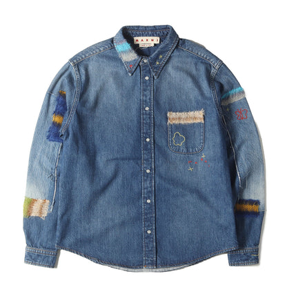 24SS モヘヤニット カスタム オーガニック デニムシャツ(Blue Organic Denim Shirt with Mohair Patches)