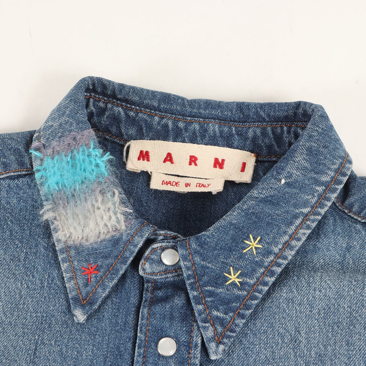 24SS モヘヤニット カスタム オーガニック デニムシャツ(Blue Organic Denim Shirt with Mohair Patches)