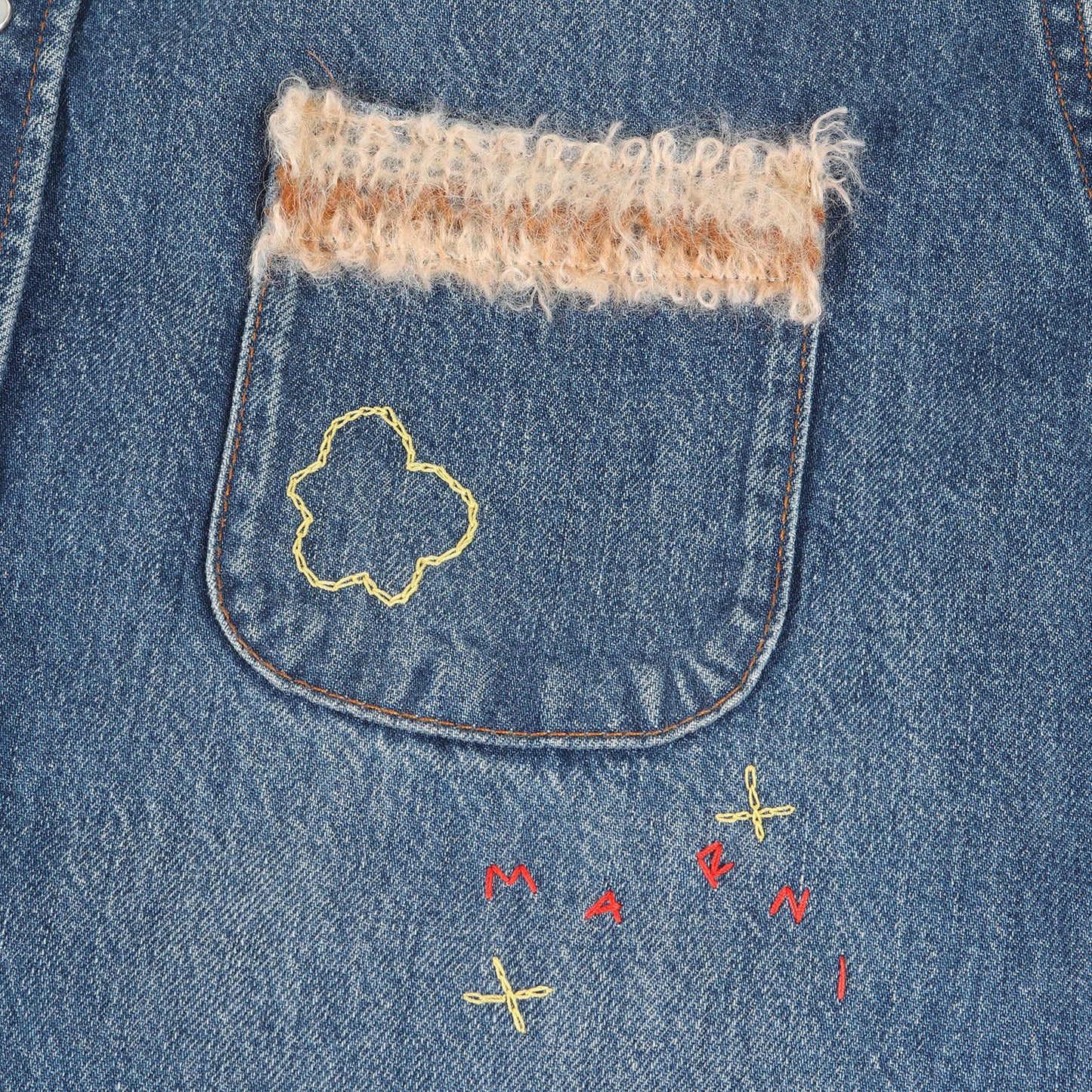 24SS モヘヤニット カスタム オーガニック デニムシャツ(Blue Organic Denim Shirt with Mohair Patches)